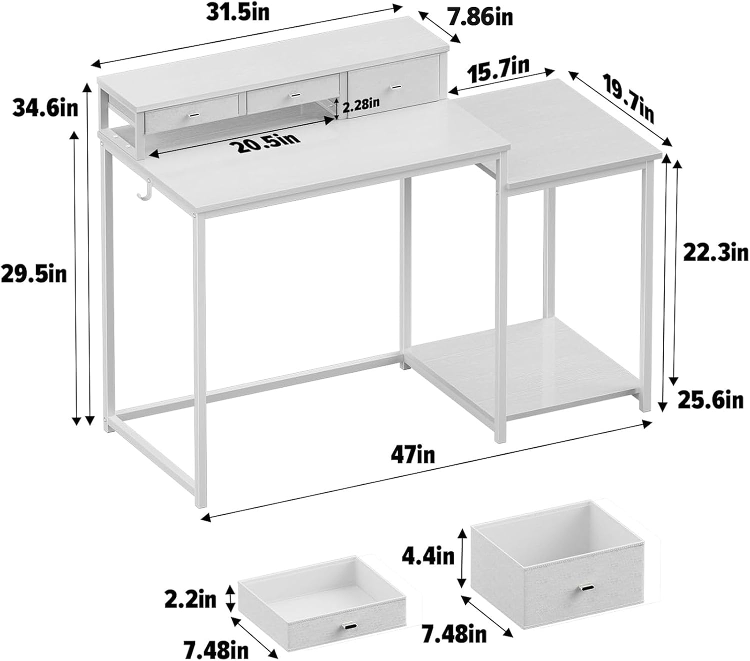 SINPAID 47 inch Computer Desk with Printer Shelf, Gaming Desk with Monitor Stand and Drawers, Reversible Home Office Desk with Storage Shelves and 2 Hooks, Home Workstation for Study Writing, White