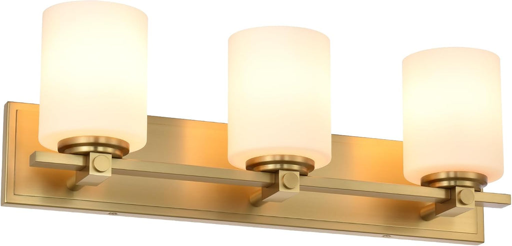Gold Bathroom Vanity Light Fixtures, Aged Brass 3 Lights Vanity Lighting Fixture with Opal Glass Shade, Porch Wall Mount Light Fixture for Bathroom, Mirror Cabinets Hallway Stairs