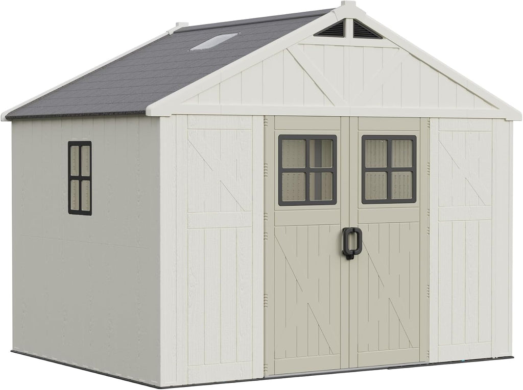 Greesum 10×8FT Plastic Outdoor Storage Shed with Floor and Lockable Door, Resin Sheds with Windows and Skylights, Organization for Garden, Backyard, Pool Supplies, Beige