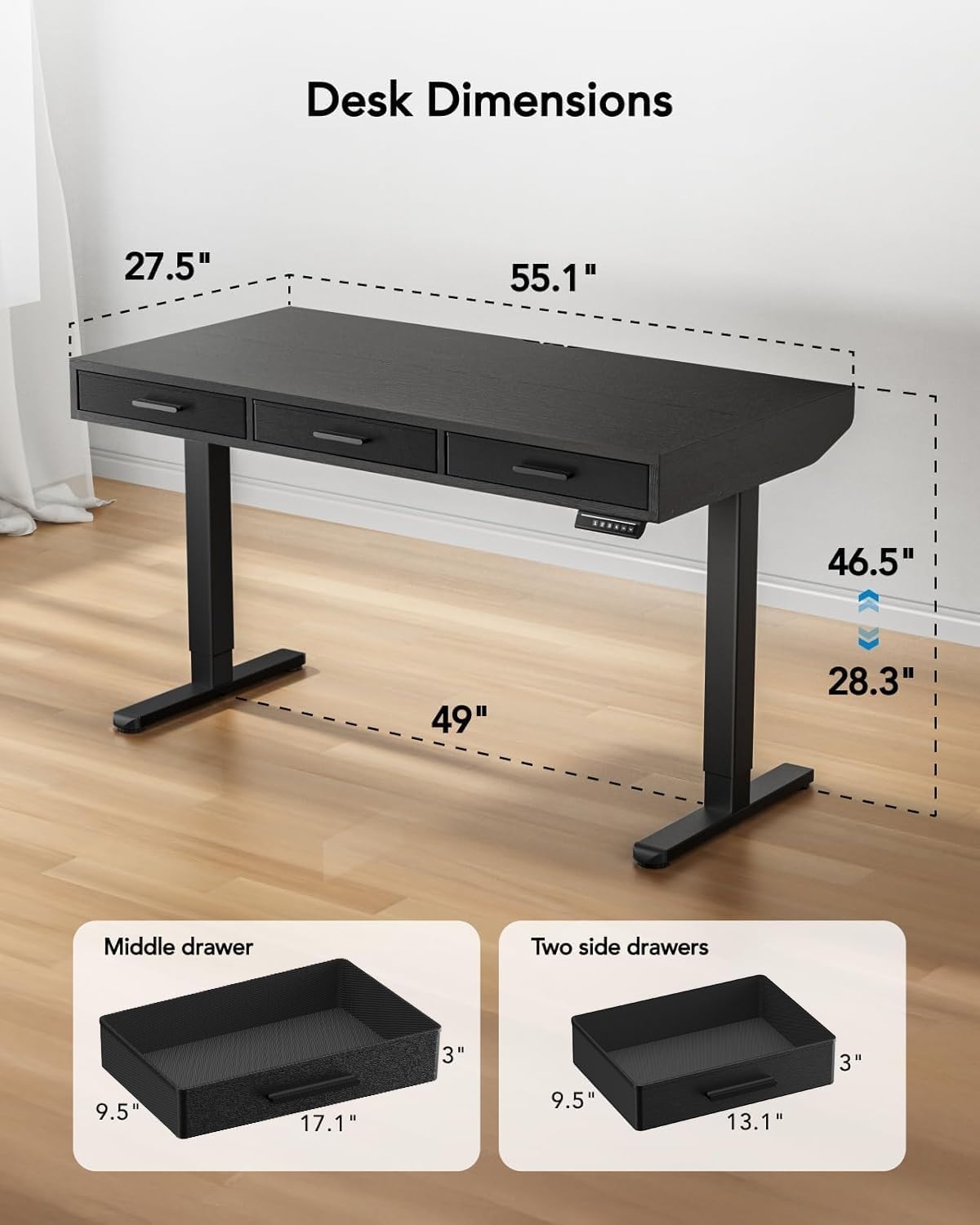 HUANUO Electric Standing Desk with Drawers, C-Clamp Mount Compatible, 55 x 28 Inch Height Adjustable Sit Stand Desk, Fabric Drawers, Home Office Stand Up Desk with 4 Custom Height Settings, Black