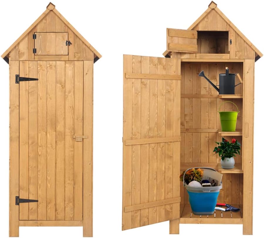 Outvita Outdoor Storage Cabinet, 70in Wooden Vertical Garden Tools Shed, Patio Storage Organizer with Latch & Waterproof Roof for Yard Deck Lawn Equipment, Natural