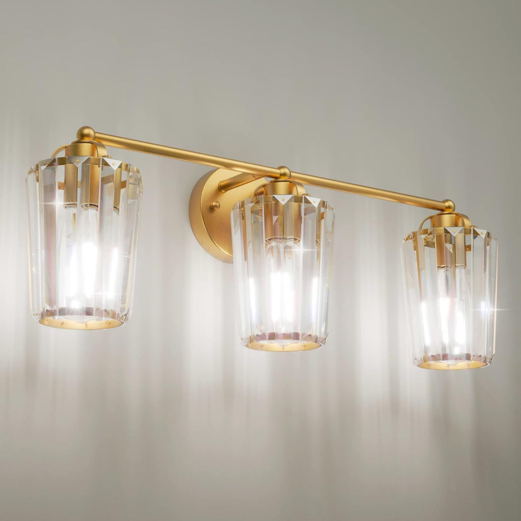 Aipsun Crystal Vanity Lighting Fixtures 3 Light Bathroom Vanity Light Gold Light Fixtures Over Mirror (Exclude Bulb)