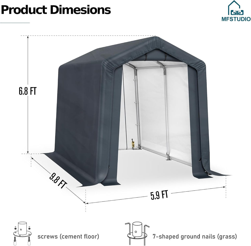 MFSTUDIO Portable Shed Garage, 6x10 Storage Tent Motorcycle Sheds Carport Heavy Duty Canopy with Rolled up Zipper Doors, Outside Utility Shelter Garages Tents for Motorcycles, Bicycles and Tools