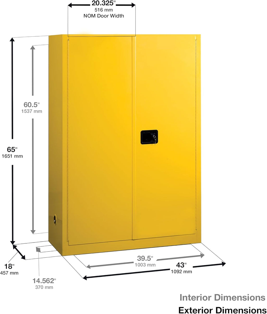 Justrite 45 Gallon Manual Close Flammable Storage Cabinet, 18 Gauge Steel, 2 Shelves, 2 Door Fire Cabinet, 65' x 43' x 18', Made in The USA, Yellow, 894500