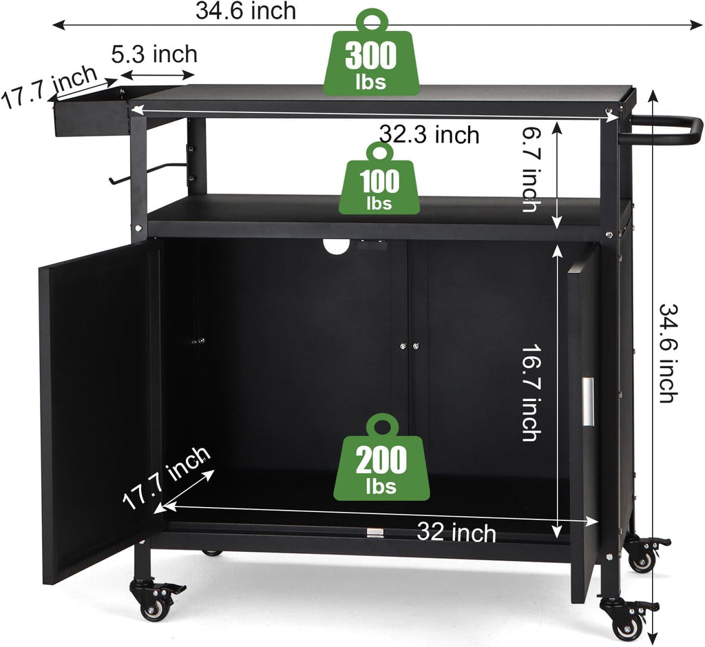 Outdoor Grill Cart with Storage Cabinet, Pizza Oven Stand Table with Wheels for Outside, Patio, Kitchen, Movable Outdoor Food Prep Table for Grill, BBQ
