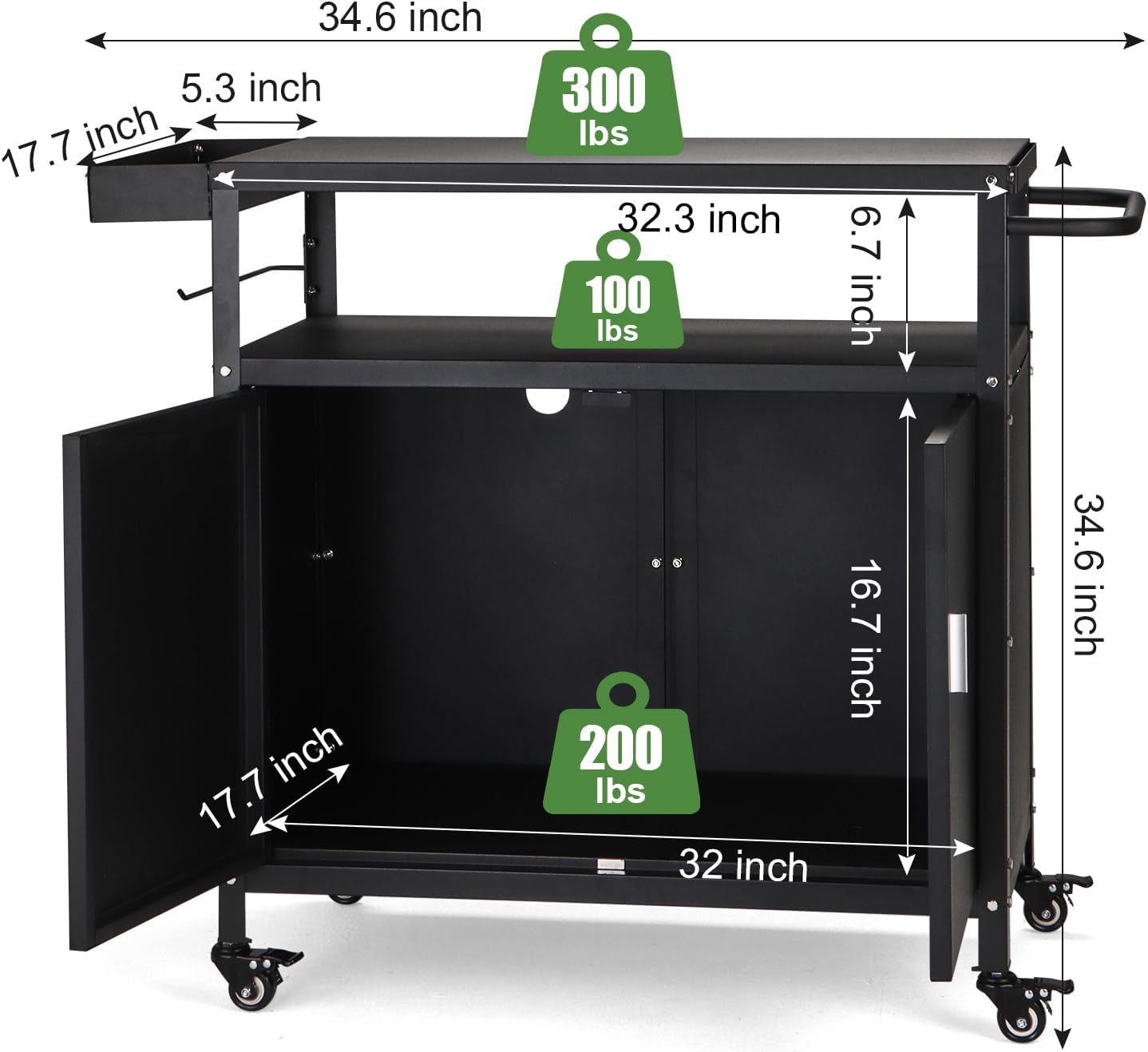 Outdoor Grill Cart with Storage Cabinet, Pizza Oven Stand Table with Wheels for Outside, Patio, Kitchen, Movable Outdoor Food Prep Table for Grill, BBQ