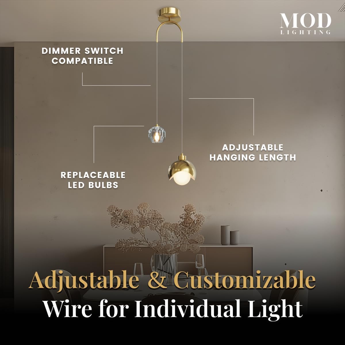 MOD LIGHTING Diana | Modern Gold Pendant Light Fixtures, Hanging Lights for Kitchen Island, Bedroom Lighting for Tracking, Dimmable LED Bulbs, 1-Pack (Gold & Crystal | 79' | Warm White)