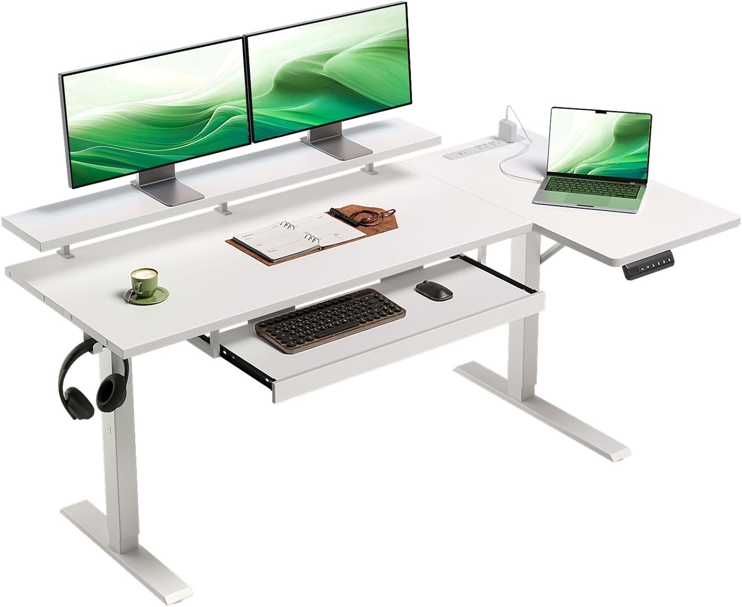 OffiGo 55 Inch Electric L Shaped Standing Desk with Keyboard Tray, Reversible Height Adjustable Corner Computer Desk with Monitor Stand, Sit Stand Up Lift Table for Home, Office, White