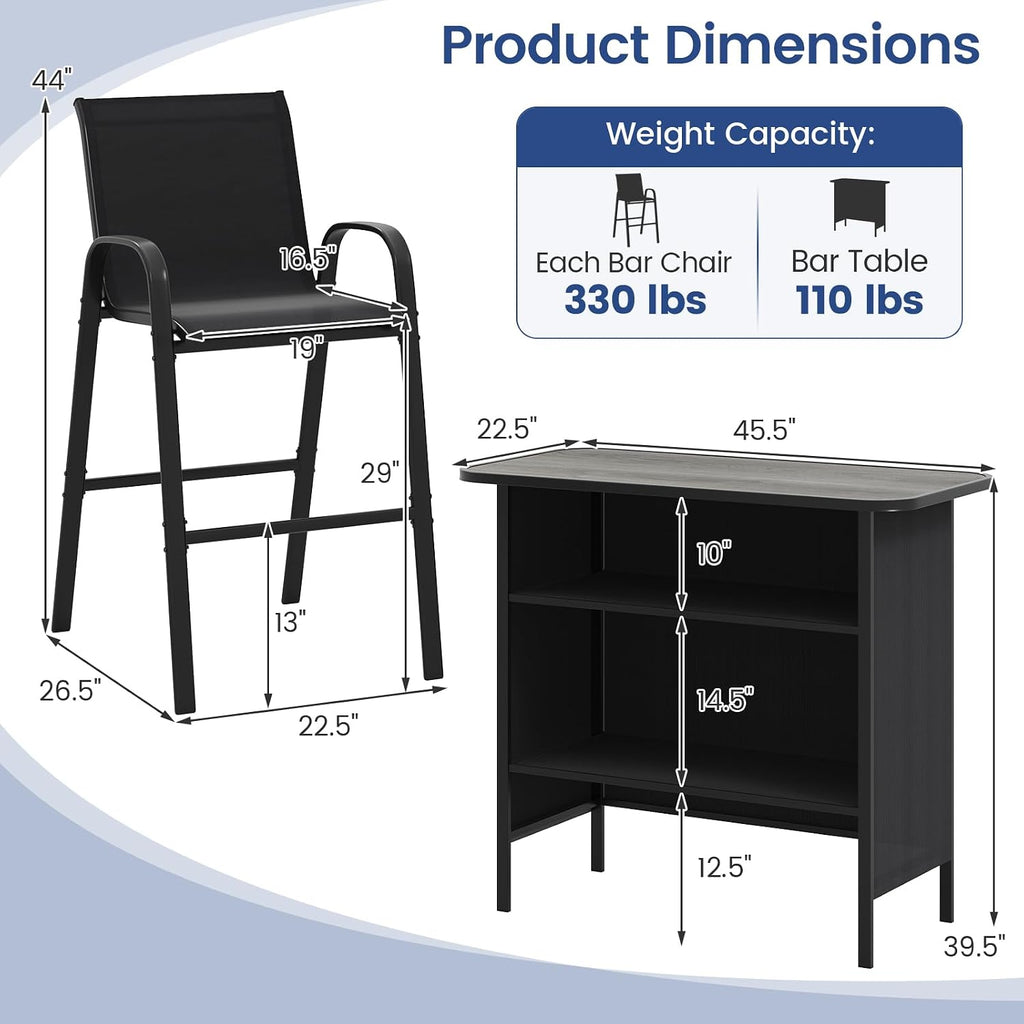 Tangkula 3 Piece Outdoor Bar Set, Patio Bar Height Table & Armchairs with Footrest, Wood Plastic Tabletop & 2-Tier Shelf, Heavy-Duty Metal Barstools & Table Furniture for Backyard, Poolside (Black)
