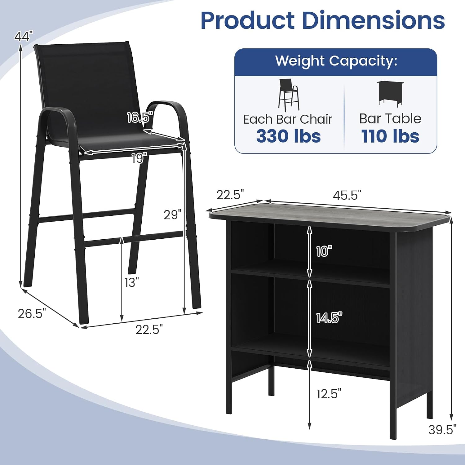 Tangkula 3 Piece Outdoor Bar Set, Patio Bar Height Table & Armchairs with Footrest, Wood Plastic Tabletop & 2-Tier Shelf, Heavy-Duty Metal Barstools & Table Furniture for Backyard, Poolside (Black)