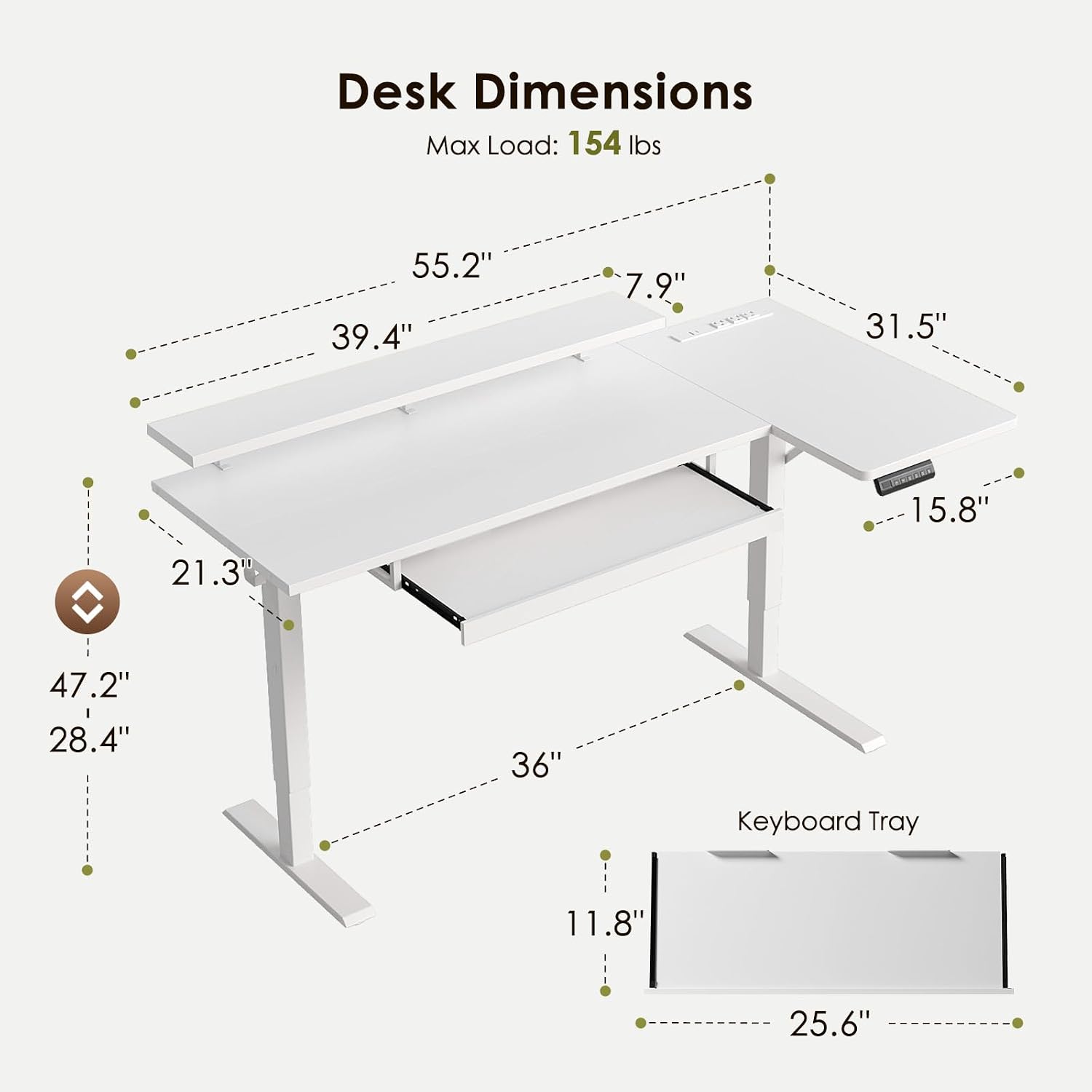 OffiGo 55 Inch Electric L Shaped Standing Desk with Keyboard Tray, Reversible Height Adjustable Corner Computer Desk with Monitor Stand, Sit Stand Up Lift Table for Home, Office, White
