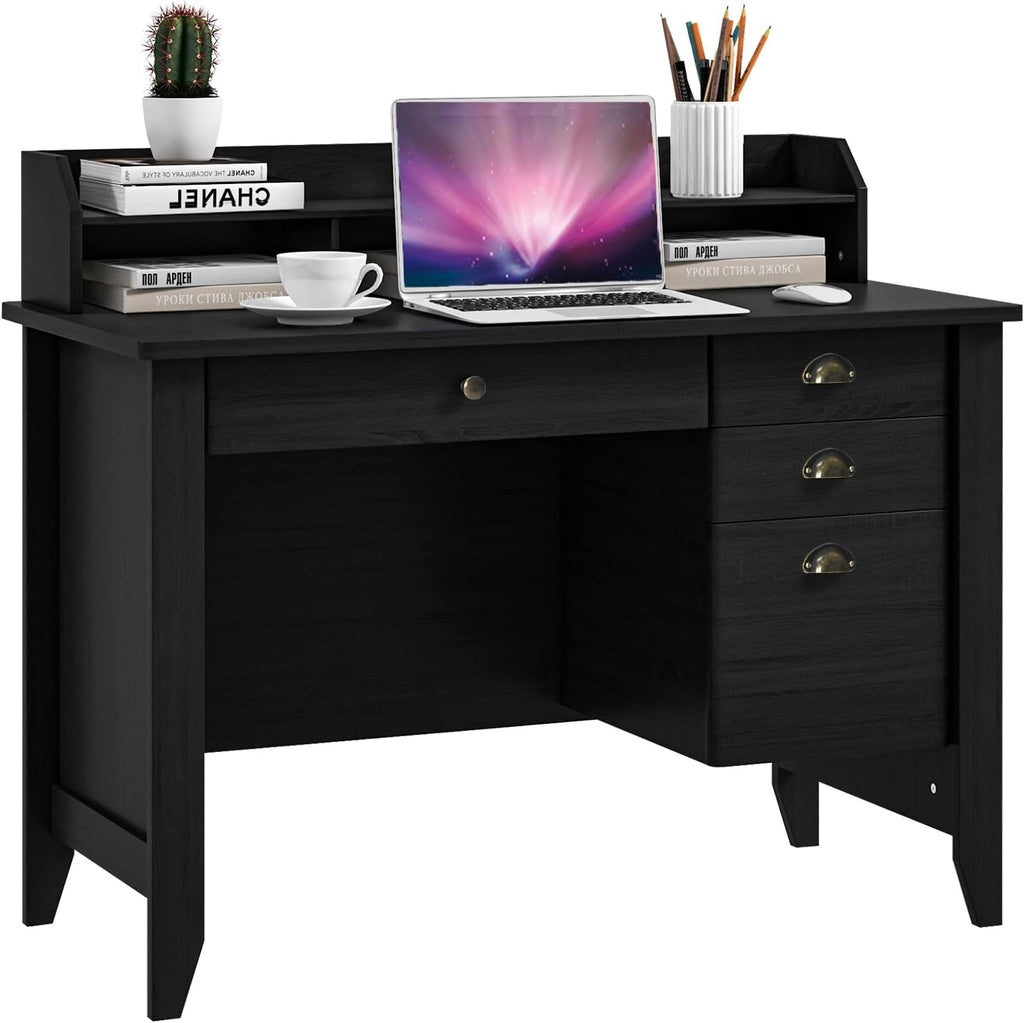 48' Vintage Computer Desk with 4 Storage Drawers & Top Hutch, Home Office Workstation with Drawer & Monitor Stand, Wooden Study Work Writing Table (Black)