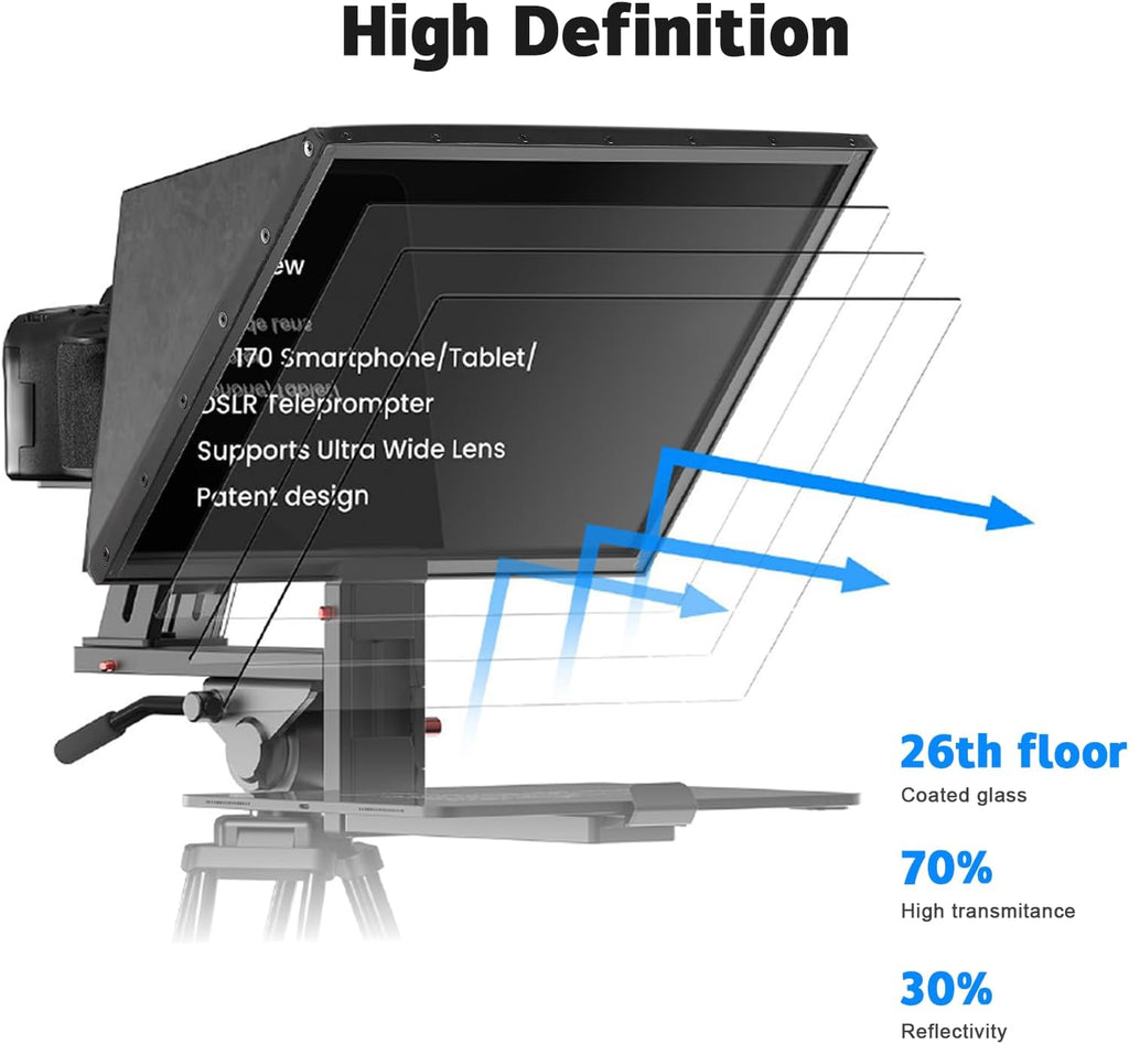 Desview TP170 teleprompter 17 inch High Display Glass Aluminum Alloy Liftable Teleprompter with Remote Control Compatible with ipad DSLR Camcorders Easy Assembly with Carry Case for Video Making