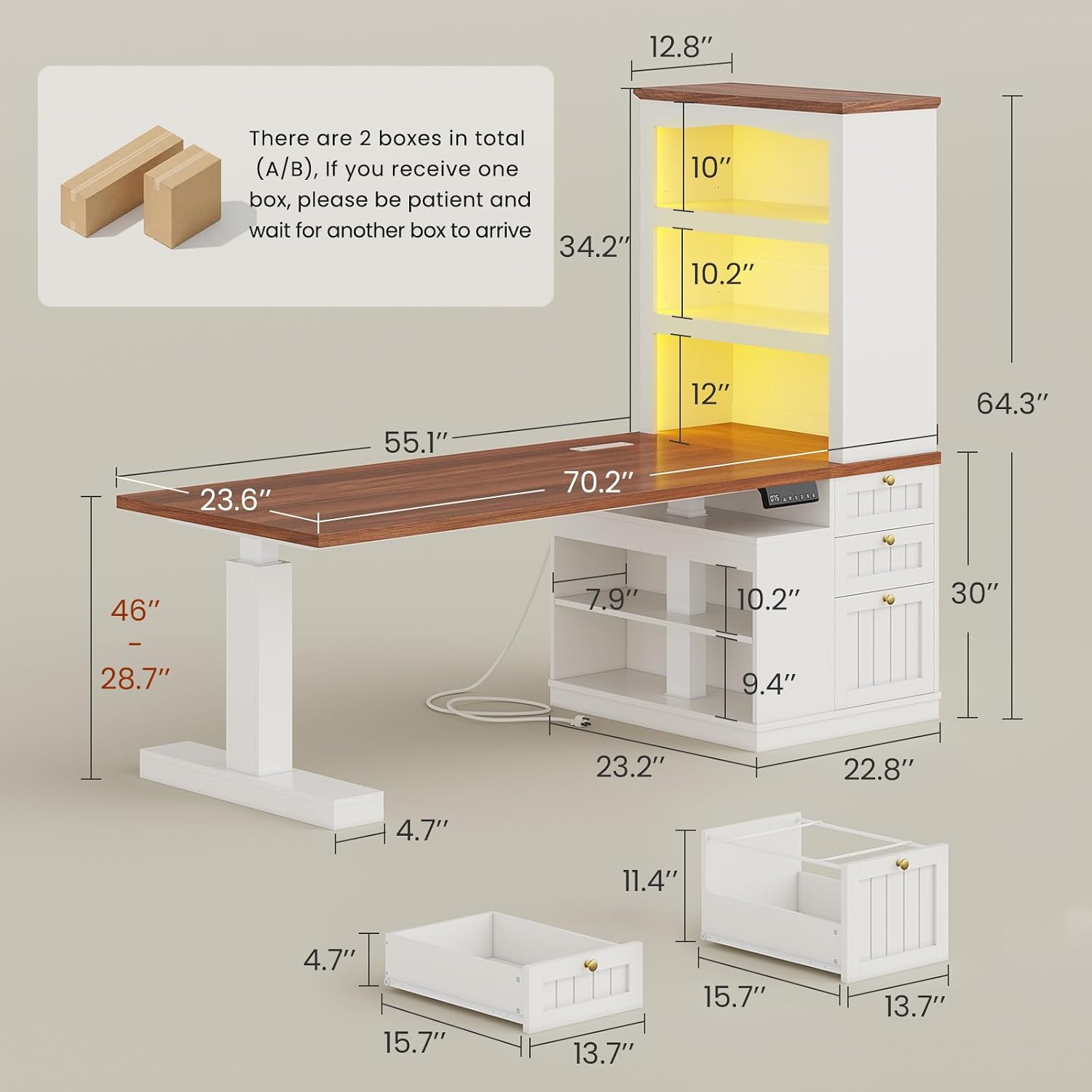 UPOSOJA Farmhouse Standing Desk Adjustable Height with 3-Tier Bookcase, 55' Executive Electric Office Desk, Sit Stand Computer Desk with Storage Shelves, File Drawers, Power Outlets, Led Light, White