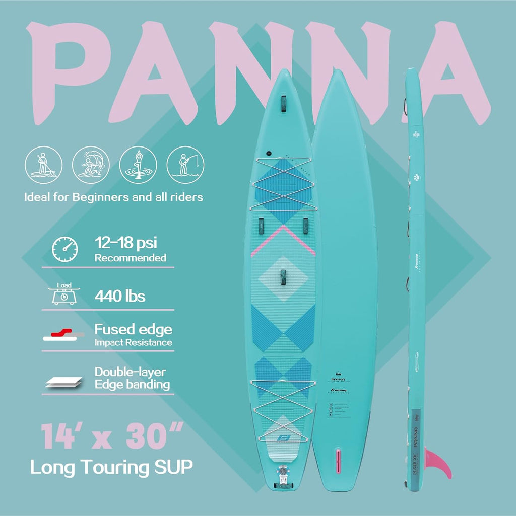 FREESUN Panna 14' x 30' Inflatable Stand Up Paddle Board, Elite Touring & Expedition iSUP with Tool-Free Quick-Install Fin, Glue-Free Heat-Fusion Tech, Fast Glide 14ft Speed Board