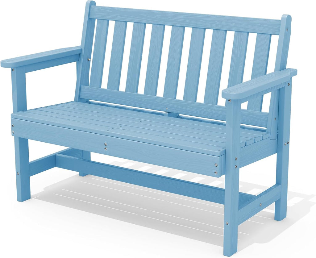 SERWALL Outdoor Bench, HDPE Outdoor Benches Weatherproof, 2-Person Garden Bench with 660 lbs Weight Capacity, Patio Benches for Outdoors, Garden, Porch, Backyard and Park, Light Blue