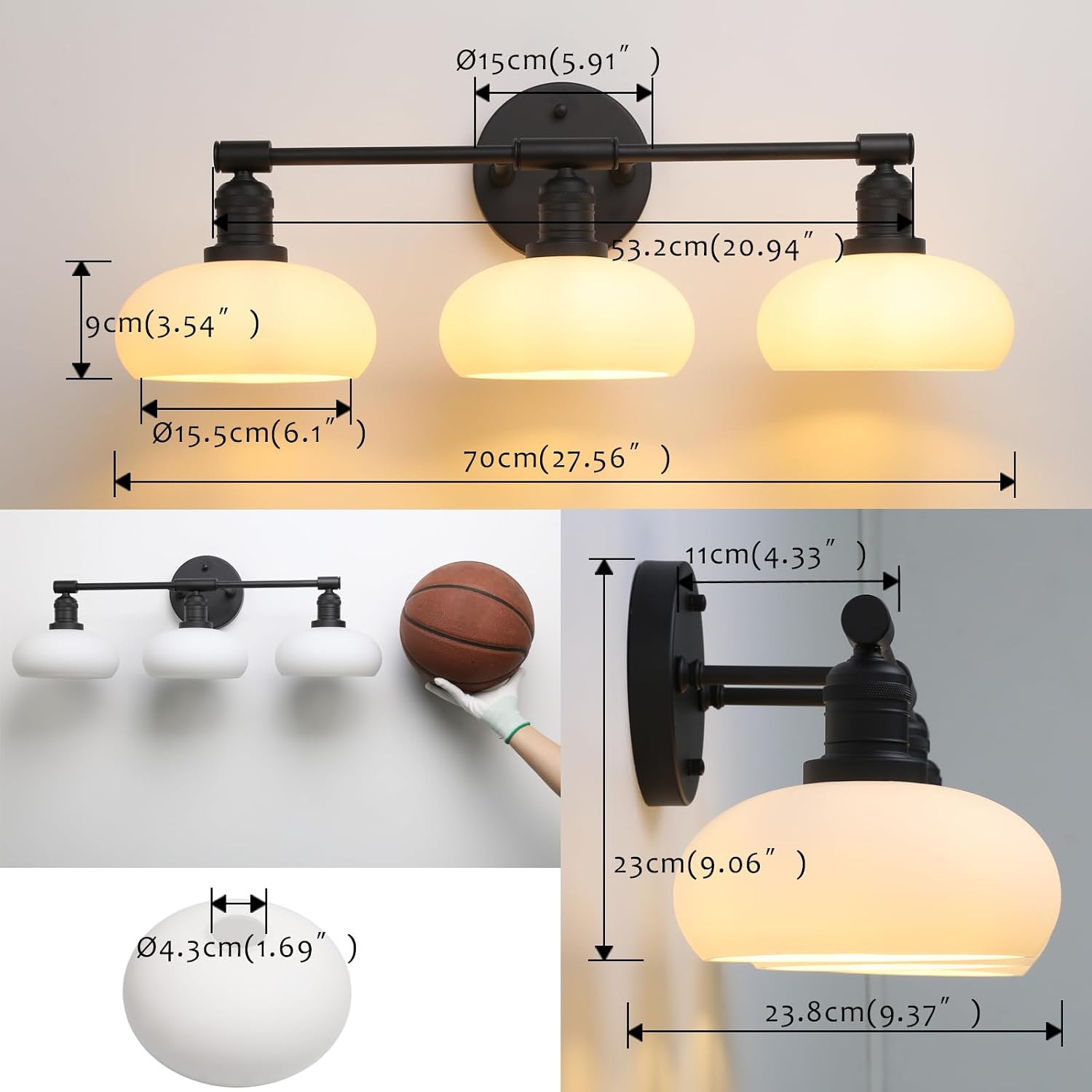 Pathson 3-Lights Milky Bathroom Wall Sconces, Hardwired Triple Head Glass Wall Vanity Light Fixtures, Vintage Wall Lamps Home Decor for Mirror Living Room, E26 Bulb Base