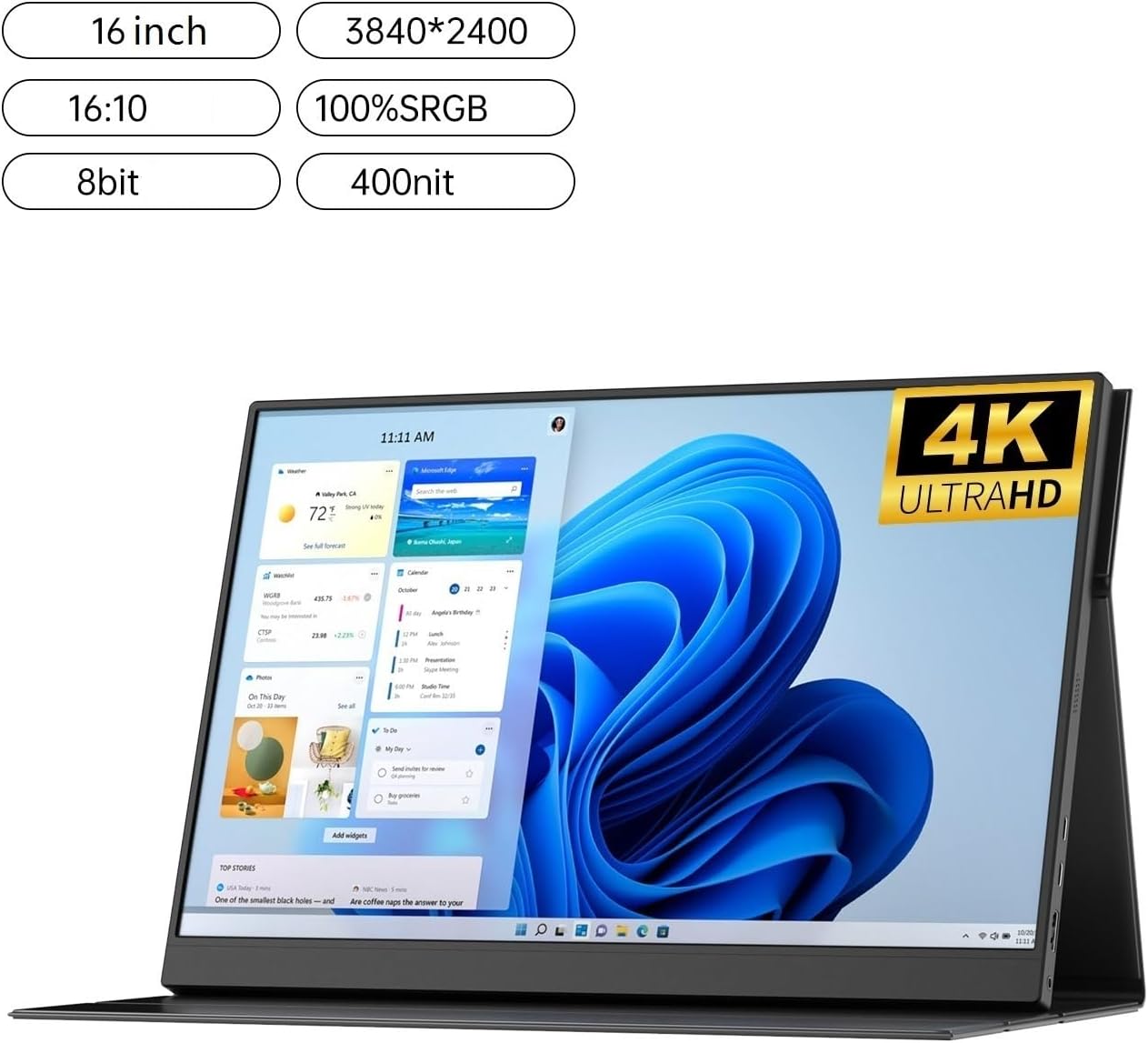 Portable Laptop Monitor 16-inch 4K HD IPS External Screen 100% SRGB 400nit Brightness Second Portable Gaming Display