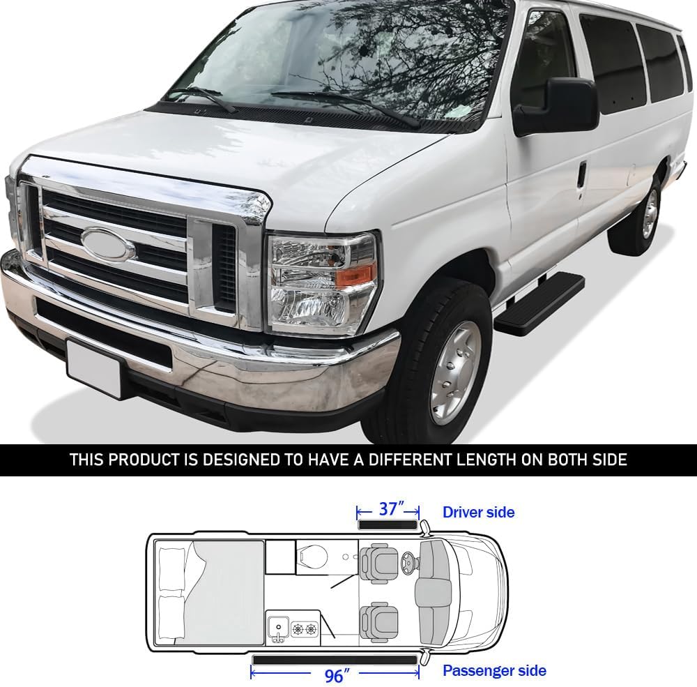 APS Running Boards (Nerf Bars Side Steps Step Bars) Compatible with Ford Econoline 1999-2014 Full Size Van 3-Door (Stainless Steel Black Powder Coated 6 inches)