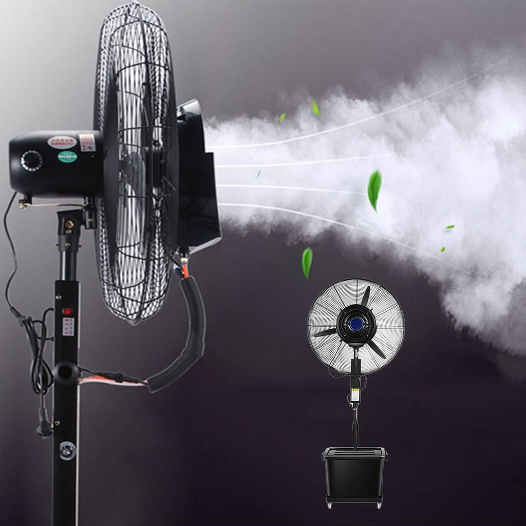 25.6in Outdoor Misting Pedestal Fan, Industrial Cooling Spray Fan, Portable 4 Wheels Adjustable Height, 3 Speeds,120° Oscillation, 11 Gal Bucket, powerful(29.5in)
