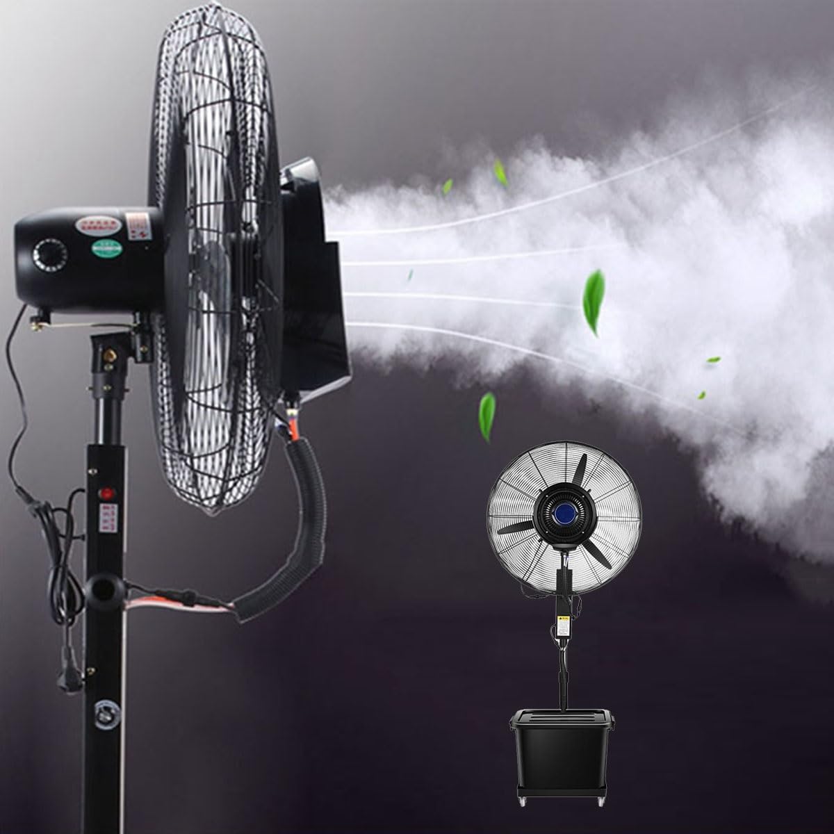 25.6in Outdoor Misting Pedestal Fan, Industrial Cooling Spray Fan, Portable 4 Wheels Adjustable Height, 3 Speeds,120° Oscillation, 11 Gal Bucket, powerful(29.5in)