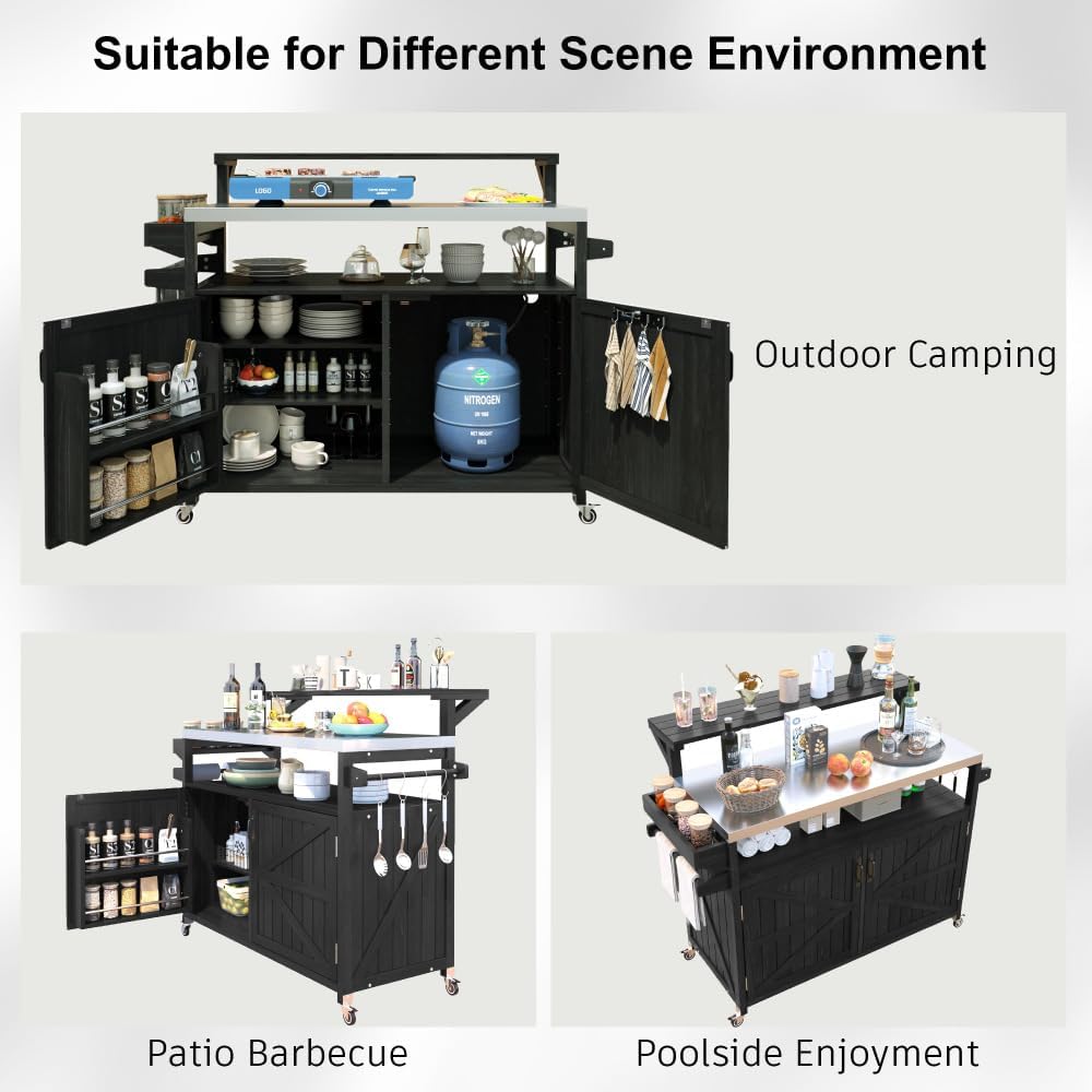 53.3' Outdoor Kitchen Island with Raised Shelf, Solid Wood Storage Cabinet with Stainless Steel Top, Outdoor Rolling Grill Cart with Internal Storage Rack, Adjustable Shelf, Spice Rack (Black)
