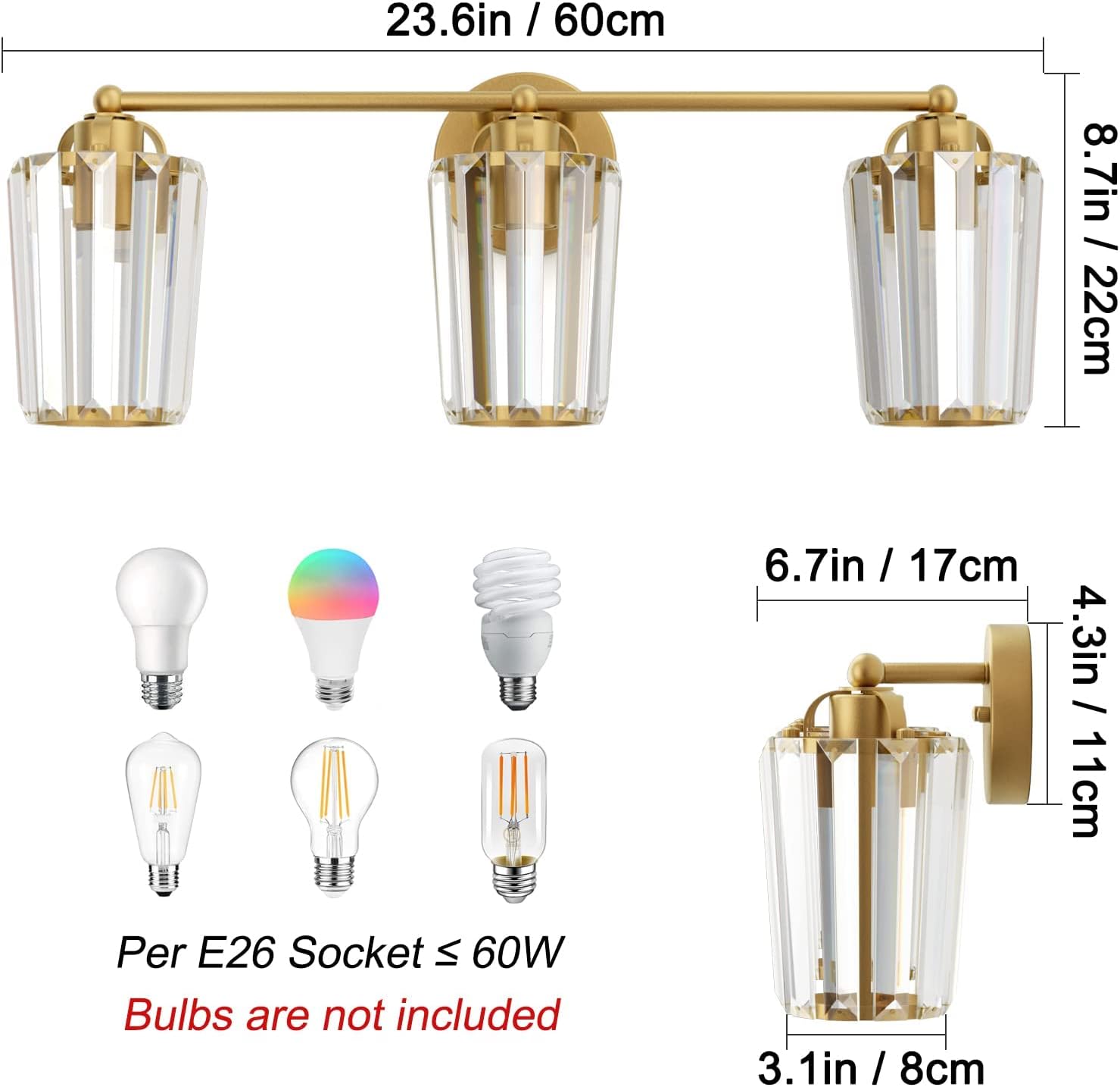 Aipsun Crystal Vanity Lighting Fixtures 3 Light Bathroom Vanity Light Gold Light Fixtures Over Mirror (Exclude Bulb)