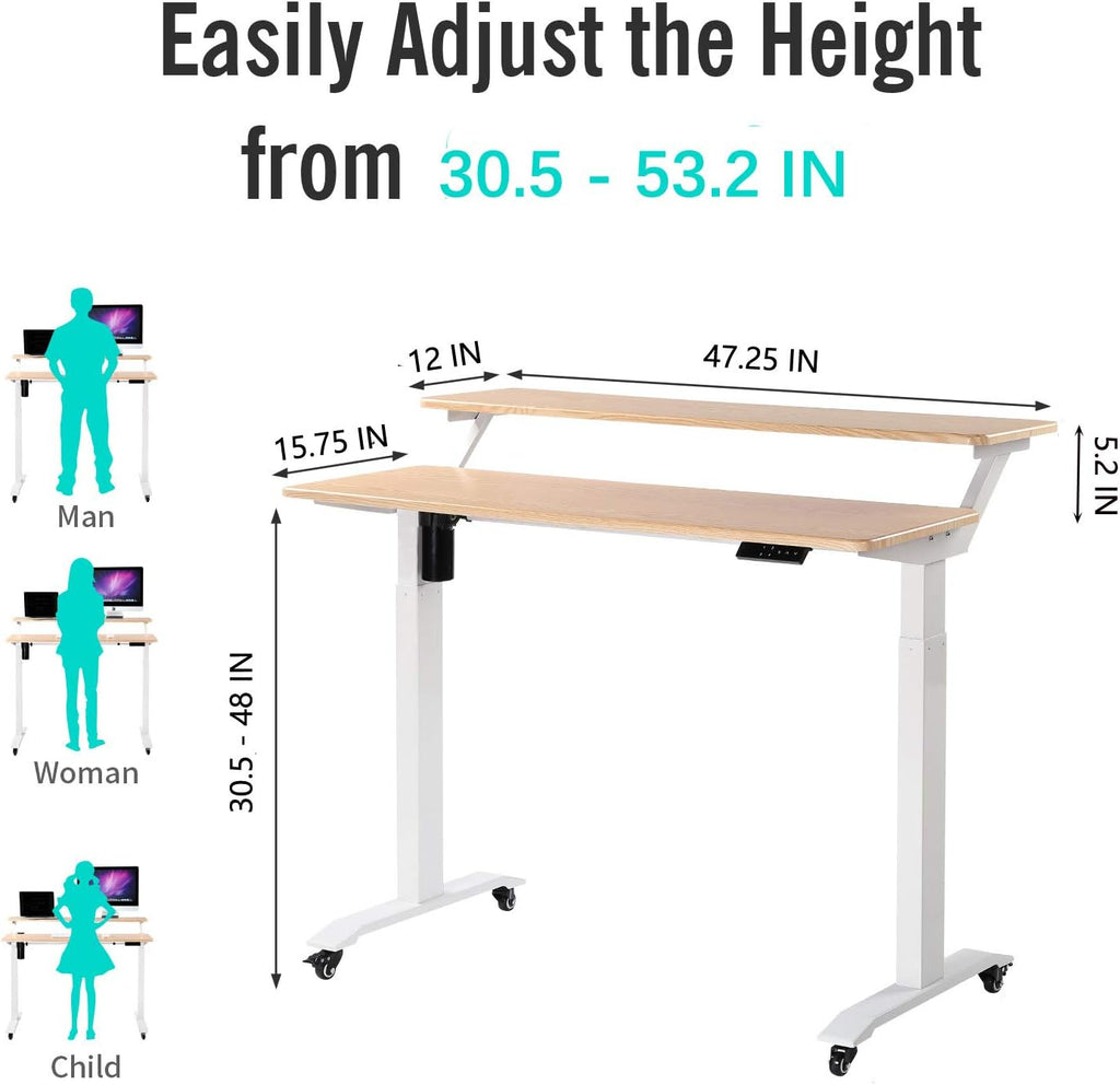 UNICOO Electric Height Adjustable 2-Tier Raising Desk with Wheels, Mobile Standing Desk with Monitor Stand, Ergonomic Adjustable Computer Table, Electric Standing Game Table for Home Office