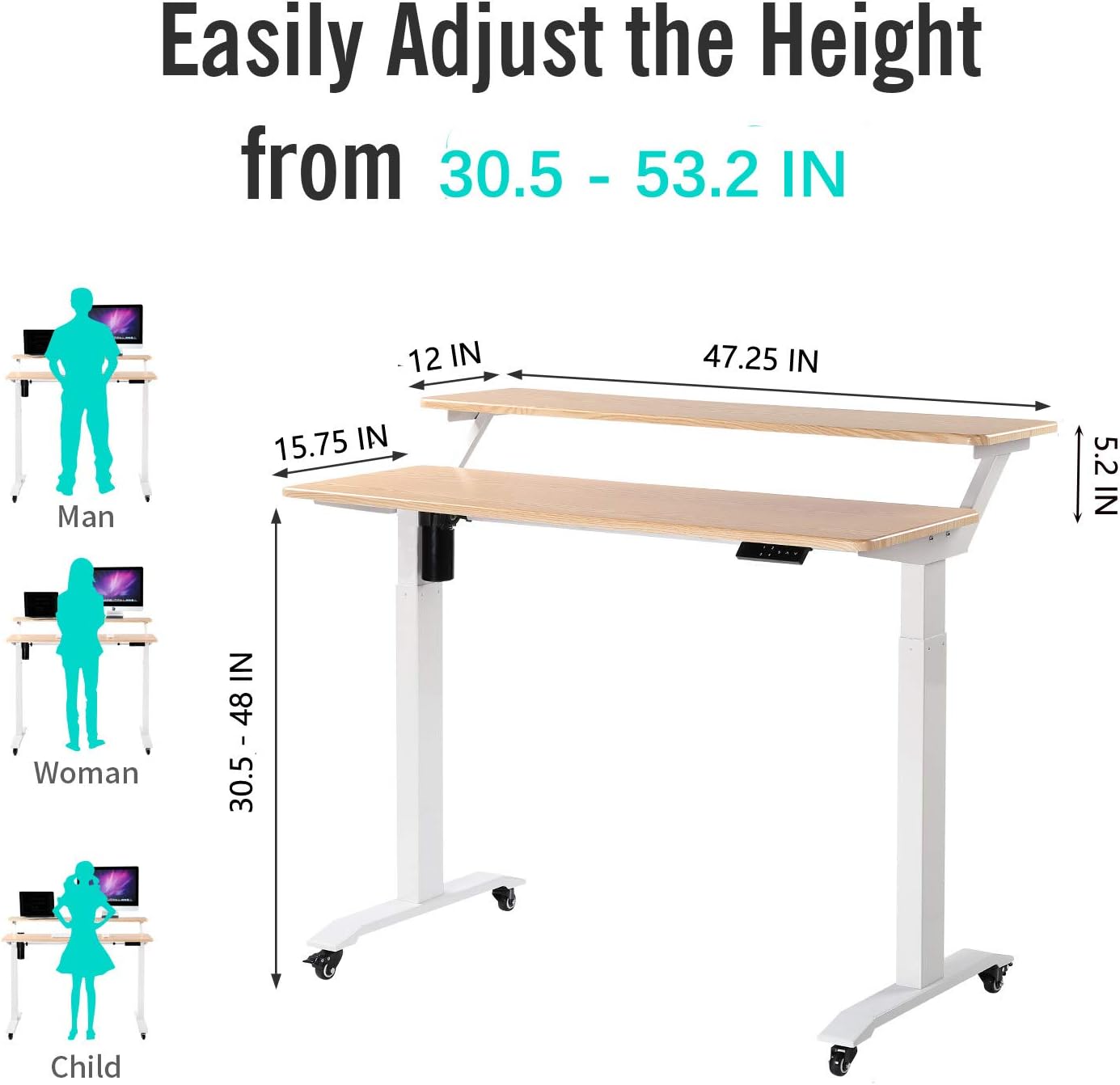 UNICOO Electric Height Adjustable 2-Tier Raising Desk with Wheels, Mobile Standing Desk with Monitor Stand, Ergonomic Adjustable Computer Table, Electric Standing Game Table for Home Office