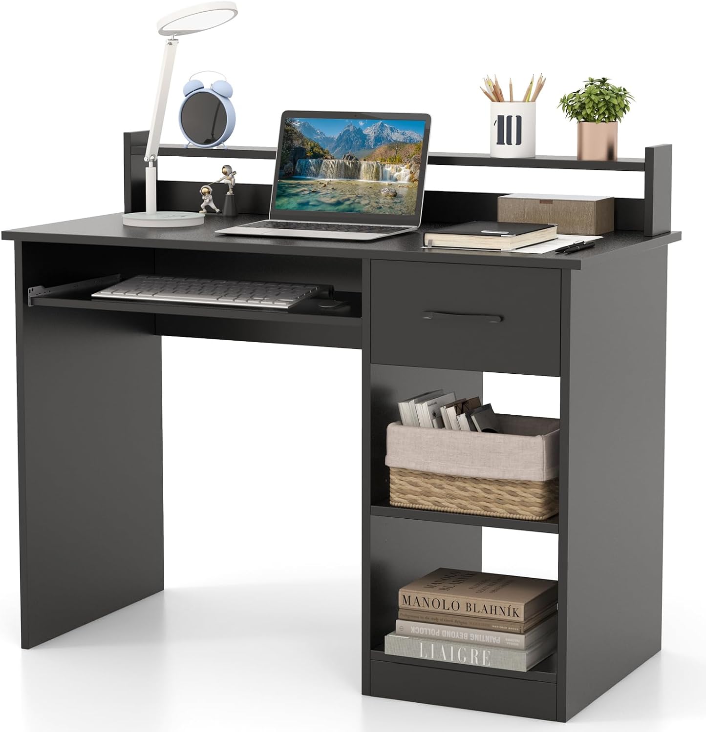 HAPPYGRILL Computer Desk with Monitor Stand, Home PC Office Desk with Keyboard Tray, Drawer & CPU Stand, Study Writing Desk Home Workstation Desk with Display Shelf