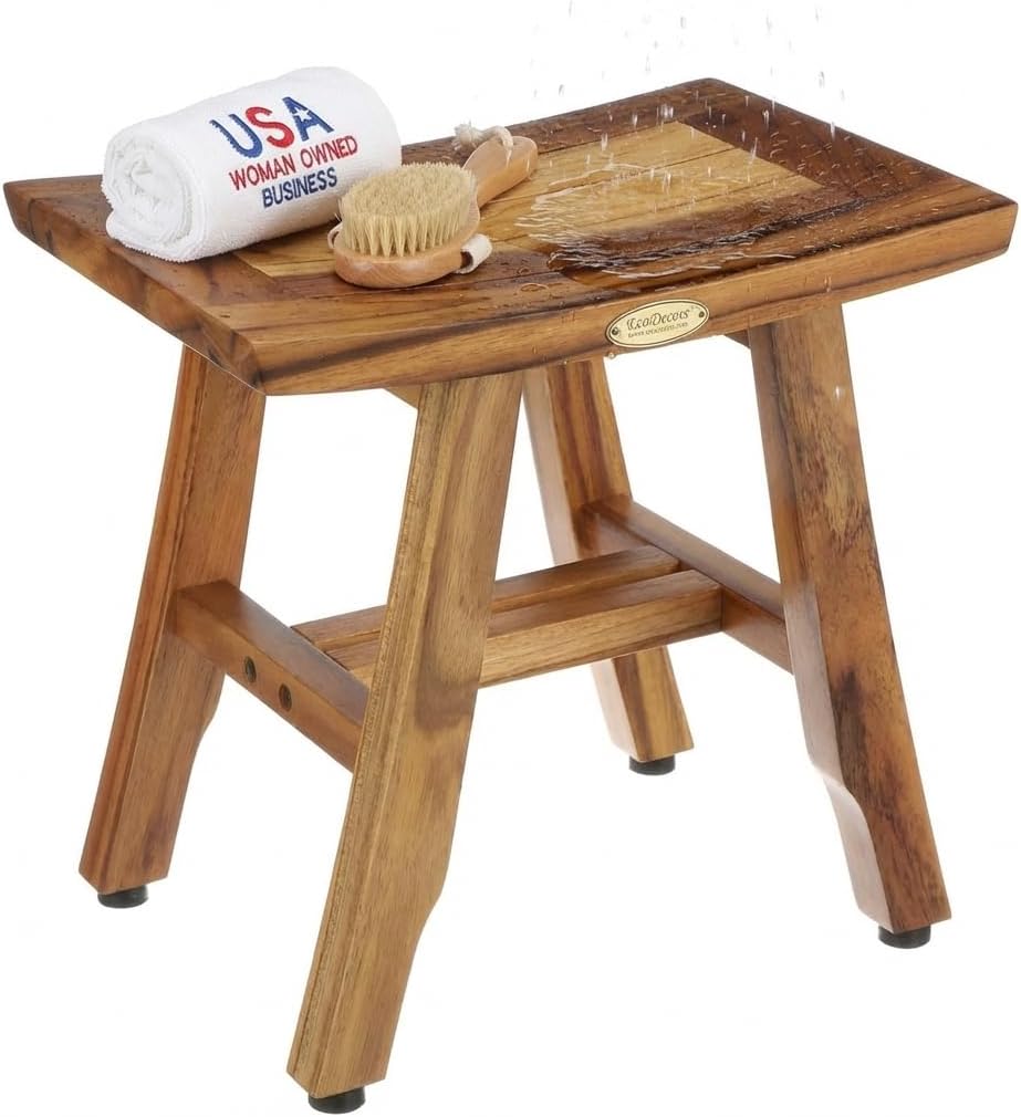 EcoDecors® Satori® 14' Solid Teak Shower Bench, Water-Resistant Bath Stool with Adjustable Feet, EarthyTeak Finish, Indoor/Outdoor Use