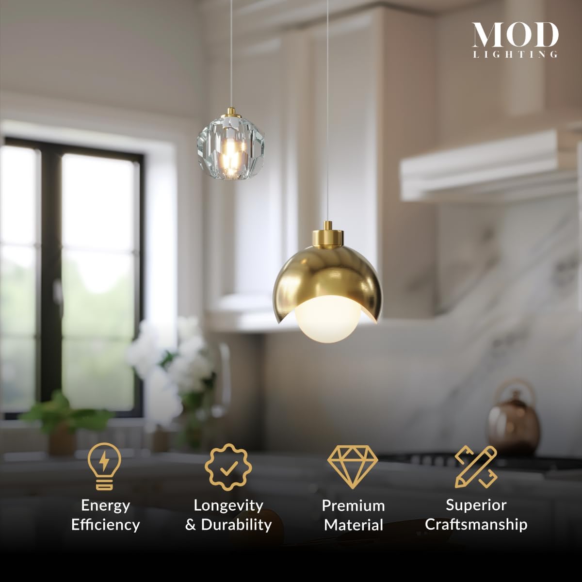 MOD LIGHTING Diana | Modern Gold Pendant Light Fixtures, Hanging Lights for Kitchen Island, Bedroom Lighting for Tracking, Dimmable LED Bulbs, 1-Pack (Gold & Crystal | 79' | Warm White)
