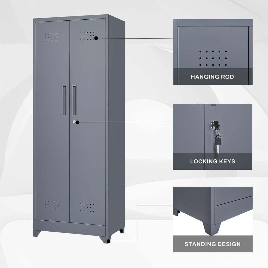 LUCYPAL 65' H Metal Garage Storage Cabinet with Shelves and Lock,Broom Closet Storage Cabinet with Hanging Rods for Mops,Garage Tool Cabinets for Utility Room,Laundry Room,Grey