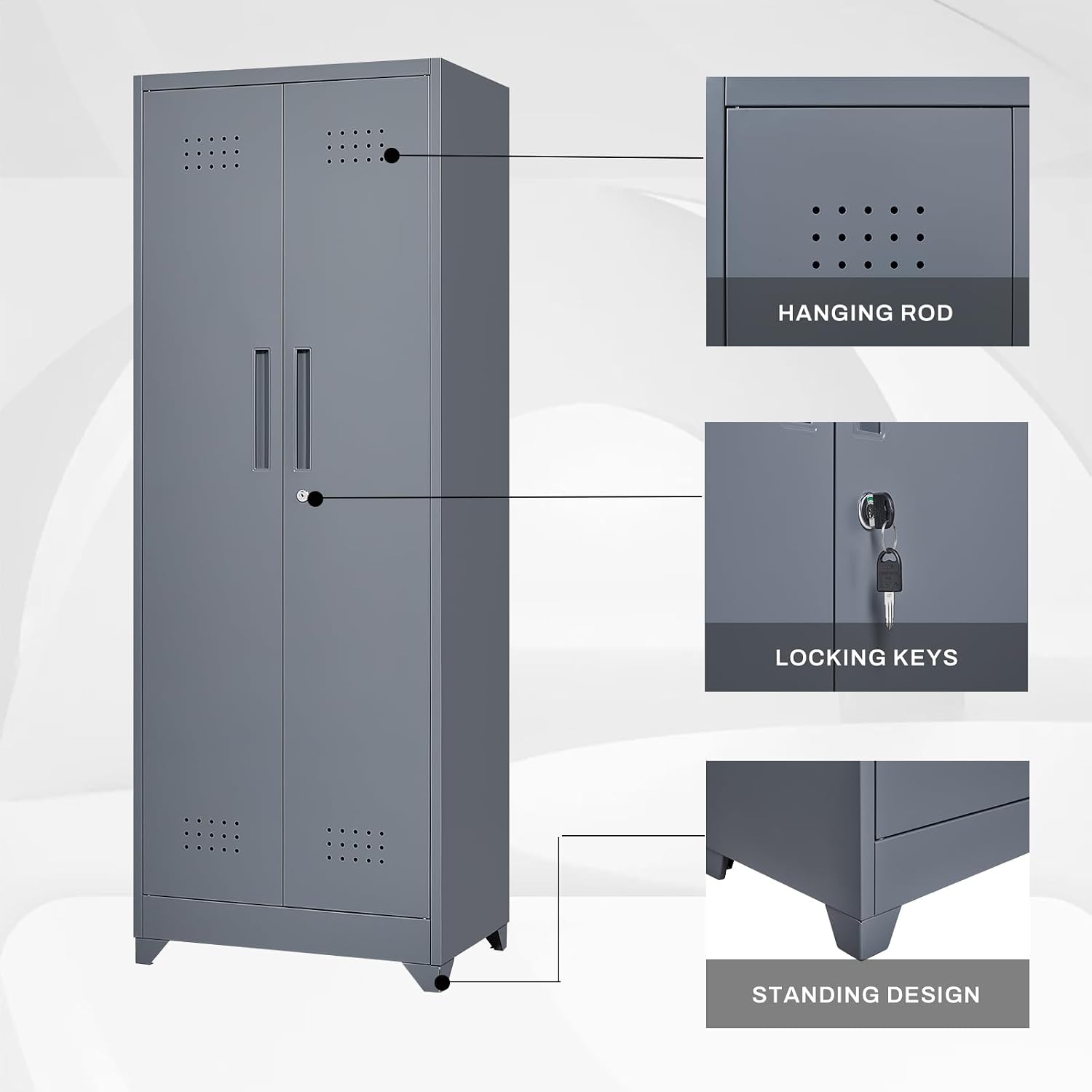 LUCYPAL 65' H Metal Garage Storage Cabinet with Shelves and Lock,Broom Closet Storage Cabinet with Hanging Rods for Mops,Garage Tool Cabinets for Utility Room,Laundry Room,Grey
