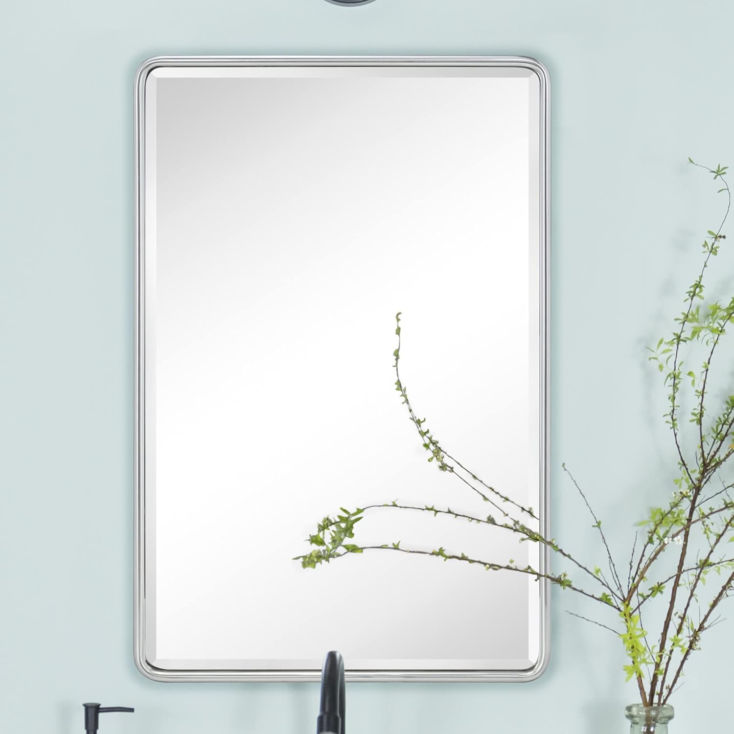 TEHOME Farmhouse Brushed Nickel Metal Framed Recessed Bathroom Medicine Cabinet with Mirror Rounded Rectangle Medicine Cabinet with Beveled Mirror 16x24''