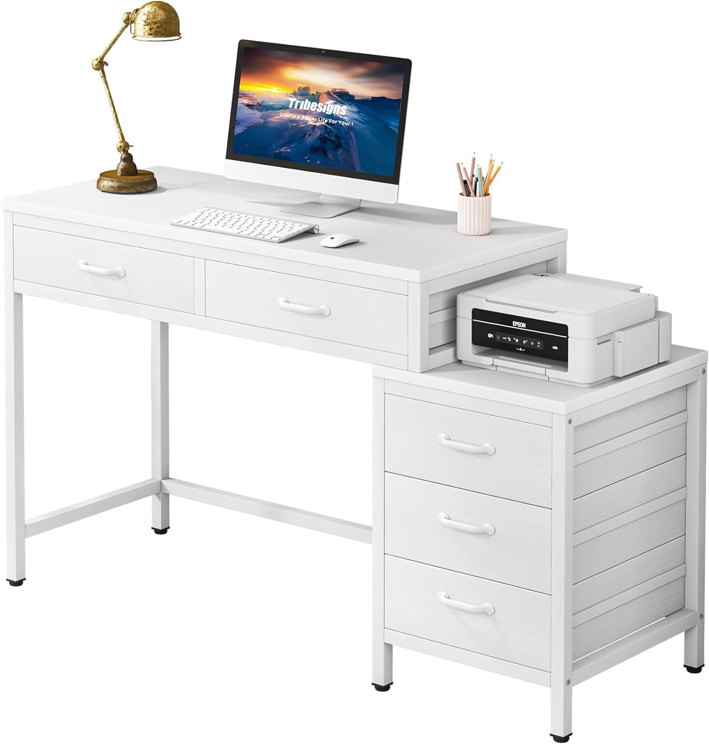 Tribesigns Computer Desk with 5 Drawers, Home Office Desks with Reversible Drawer Cabinet Printer Stand, Industrial PC Desk with Storage, White Study Writing Table Workstation for Small Spaces