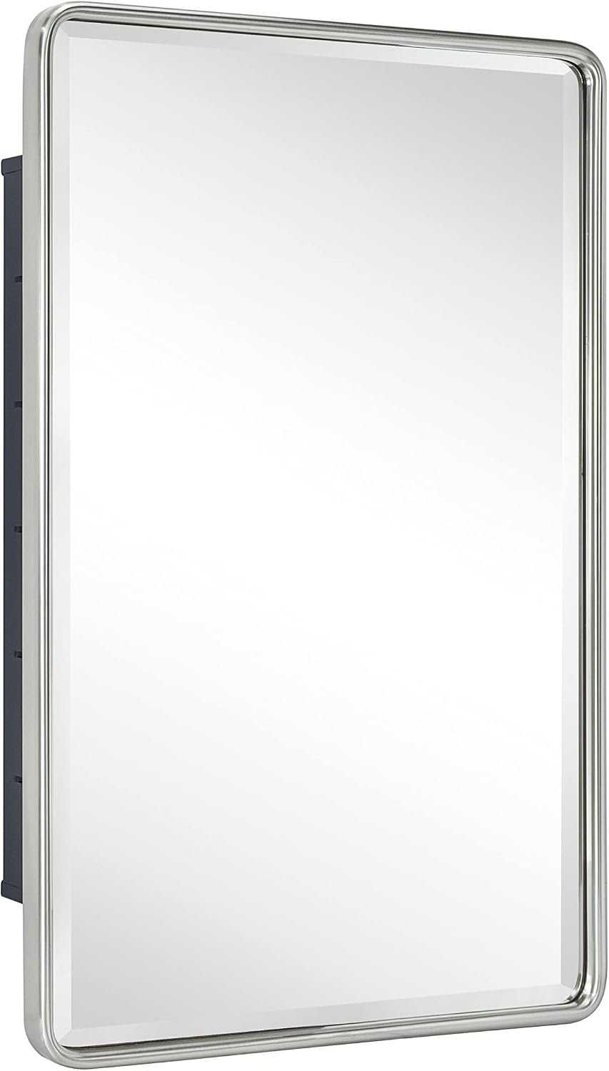 TEHOME Farmhouse Brushed Nickel Metal Framed Recessed Bathroom Medicine Cabinet with Mirror Rounded Rectangle Medicine Cabinet with Beveled Mirror 16x24''