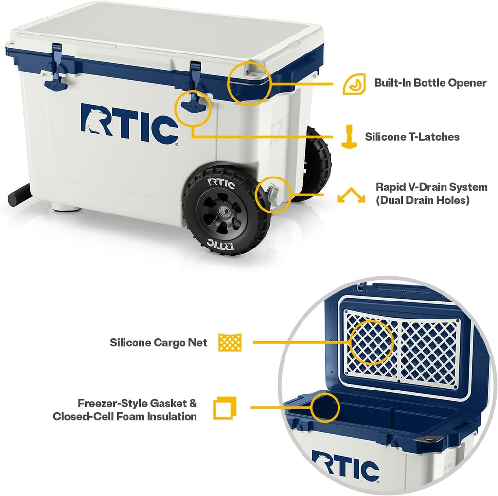 RTIC 52 Quart Ultra-Light Wheeled Hard Cooler Insulated Portable Ice Chest Box for Beach, Drink, Beverage, Camping, Picnic, Fishing, Boat, Barbecue, 30% Lighter Than Rotomolded Coolers