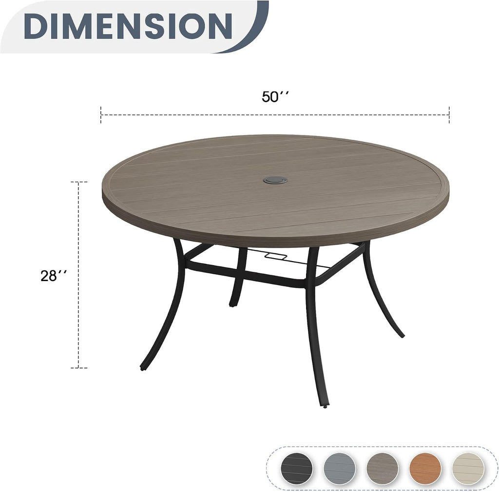VICLLAX 50' Outdoor Round Patio Dining Table for 4-6, All Weather Metal Dining Table with Umbrella Hole for Deck Lawn Garden Backyard, Grey
