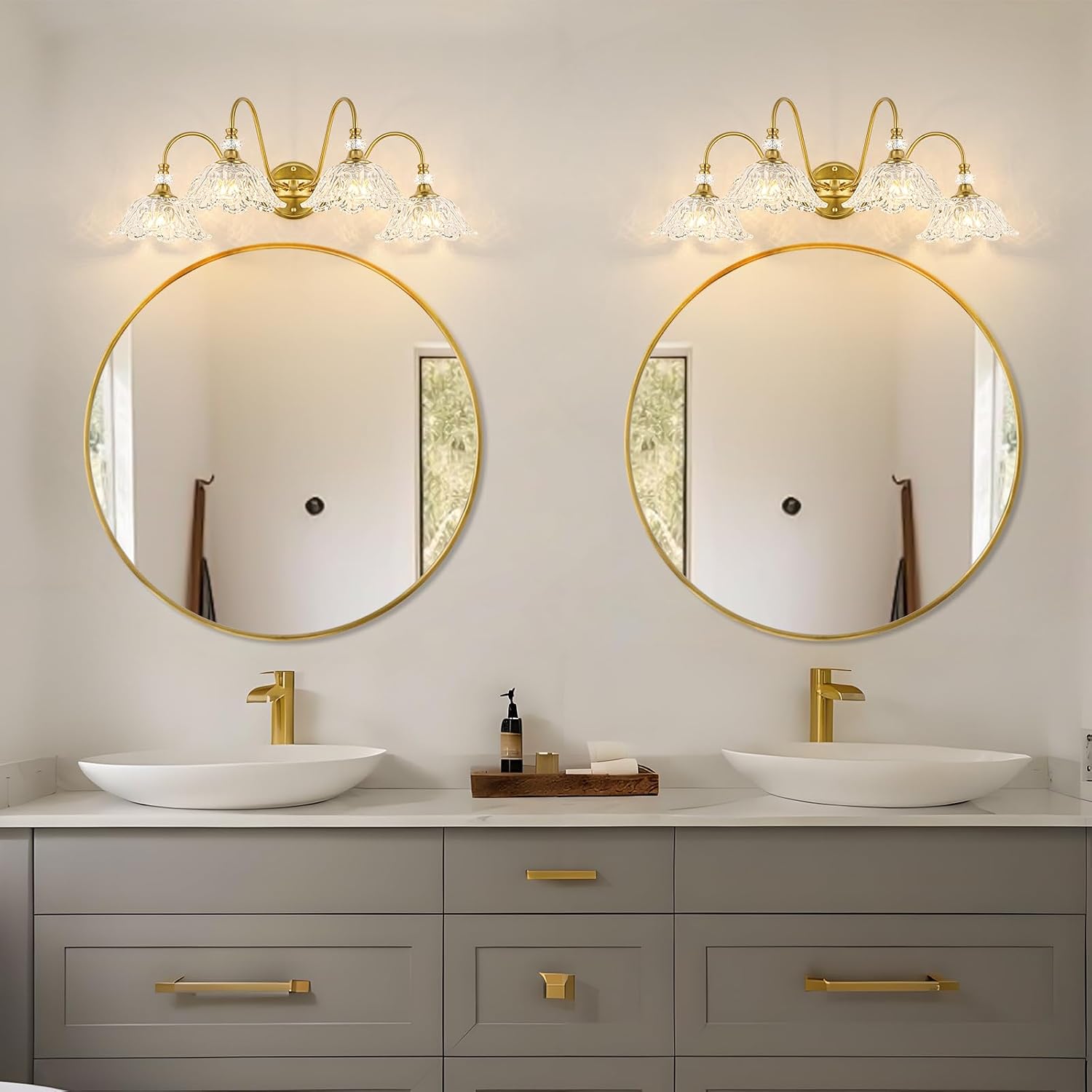 Gold Bathroom Vanity Light, 4-Light Brushed Gold Finish Vanity Light with Floral Clear Glass Shades, Vintage Wall Mount Lighting for Bathroom, Dressing Table