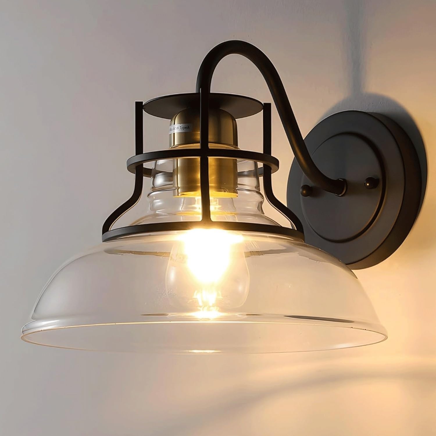 Farmhouse Wall Sconces,Gooseneck Barn Light,Gold and Black Wall Sconce,Vintage Wall Lamp with Clear Glass Shade,for Bathroom Porch Kitchen Living Room (1 Pack)
