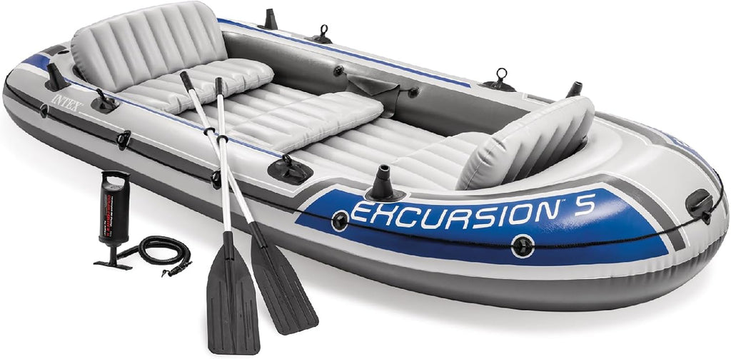 Intex Excursion 5 Person Inflatable Boat, Water Fishing River Raft Set w/ Oars - Large 1,300 Lb Capacity Portable Blow-Up 5 Seater Raft for Adults