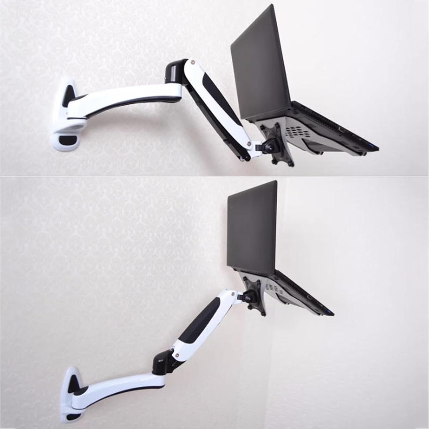 Laptop Wall Mount, Adjustable Laptop Holder, Vented Cooling Platform, with Pneumatic Extended Arm - Height Adjustable, Holds Up to 7KG, Fits 10 to 17 Inch Screen, White
