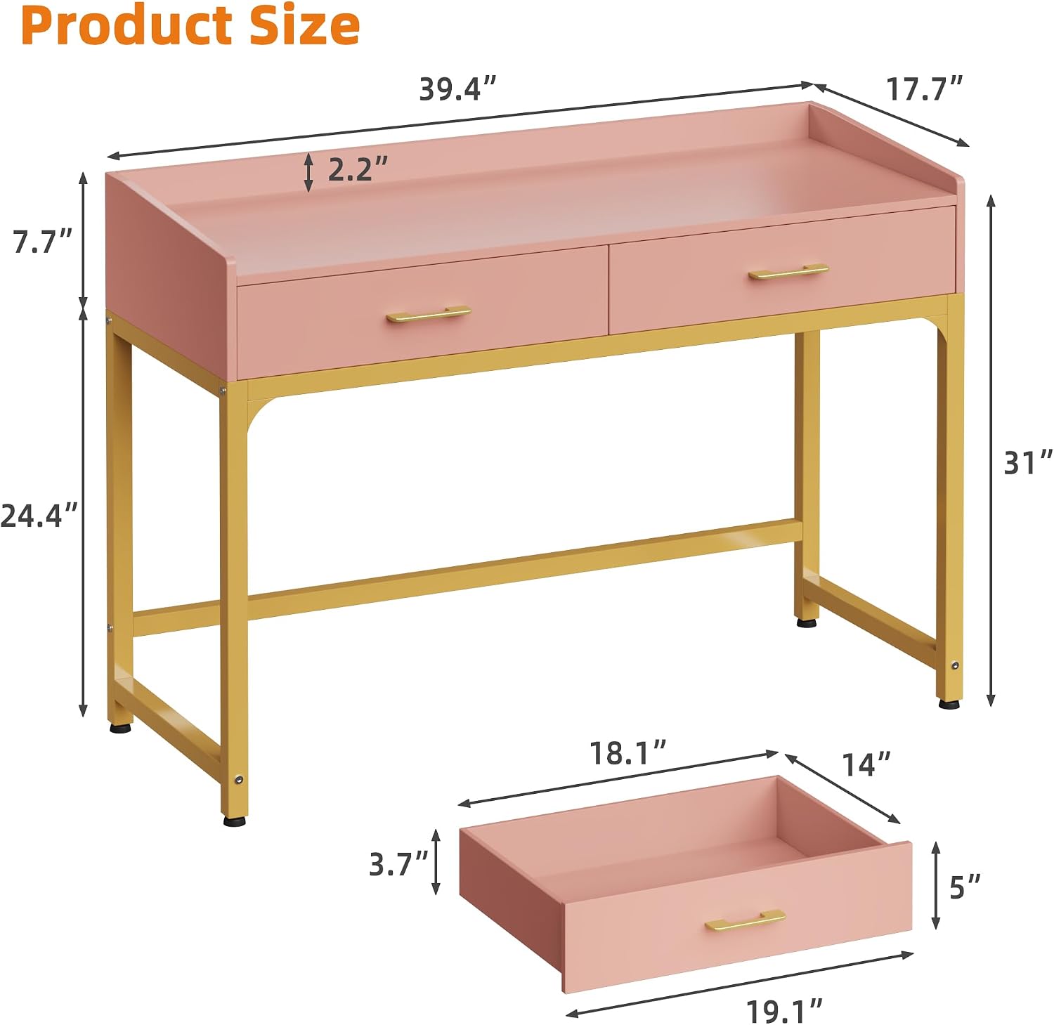 WESTREE Computer Gaming Desk Office - Study Writing Desk with Drawer for Teen, Bedroom Makeup Desk Home Office with Storage Shelf, Height Monitor Stand, Pink