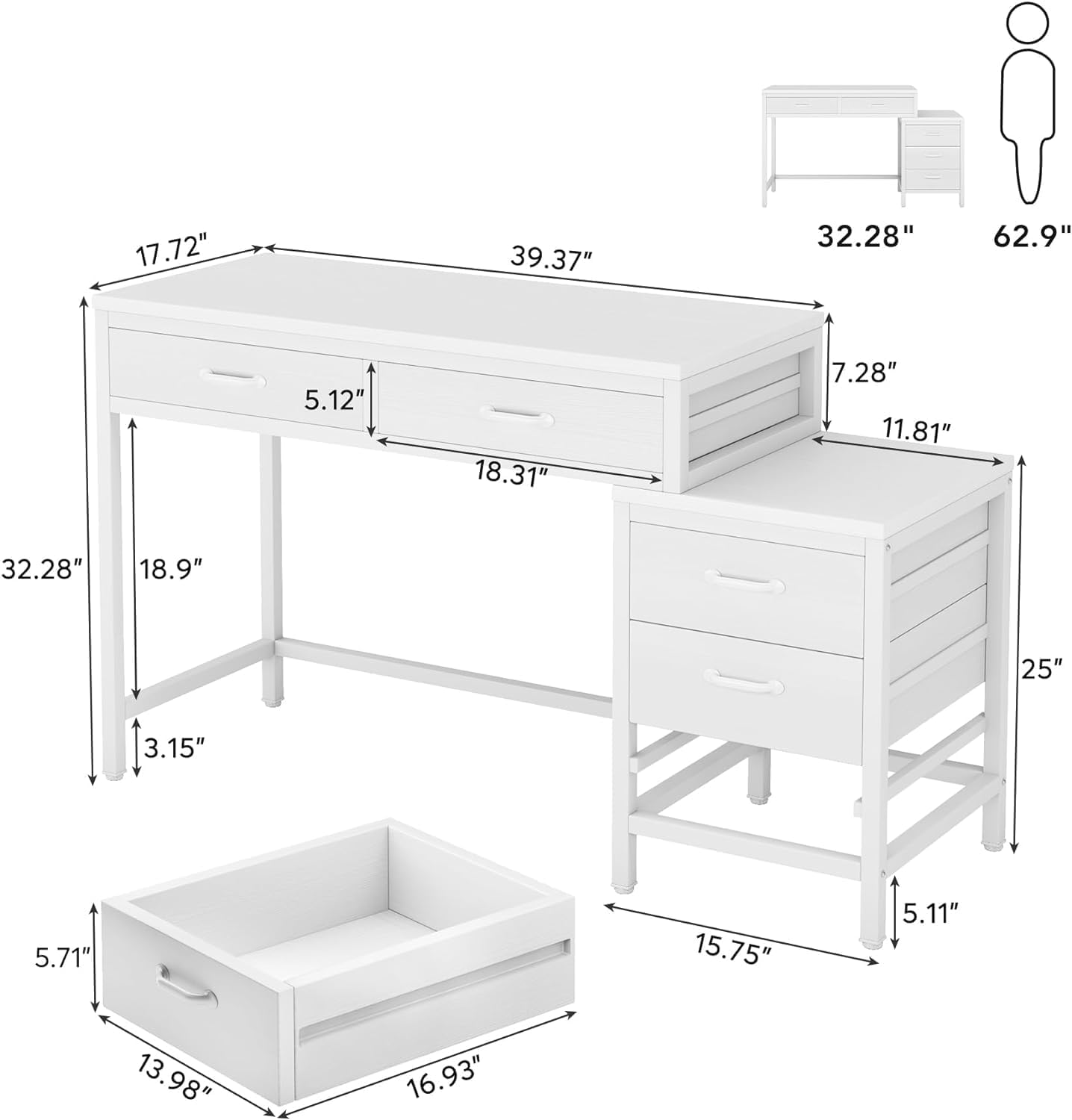 Tribesigns Computer Desk with 5 Drawers, Home Office Desks with Reversible Drawer Cabinet Printer Stand, Industrial PC Desk with Storage, White Study Writing Table Workstation for Small Spaces