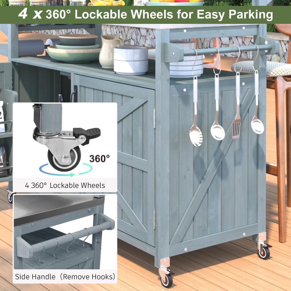 53.3' Outdoor Kitchen Island with Raised Shelf, Solid Wood Storage Cabinet with Stainless Steel Top, Outdoor Rolling Grill Cart with Internal Storage Rack, Adjustable Shelf, Spice Rack (Grey)