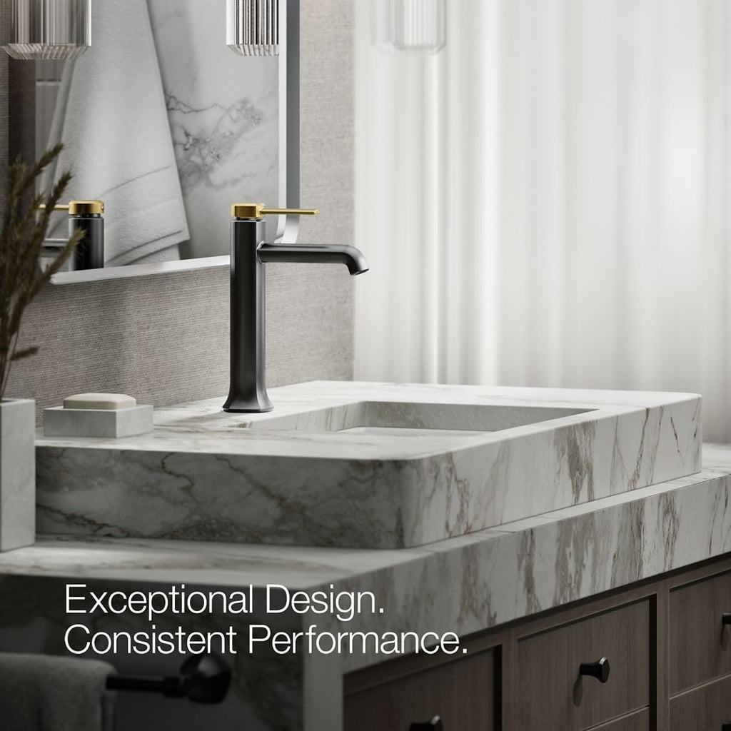 KOHLER 27003-4K-BMB Occasion Tall Single-Handle Bathroom Faucet with Pop-Up Drain Assembly, One Hole Bathroom Sink Faucet, 1.0 gpm, Matte Black with Moderne Brass