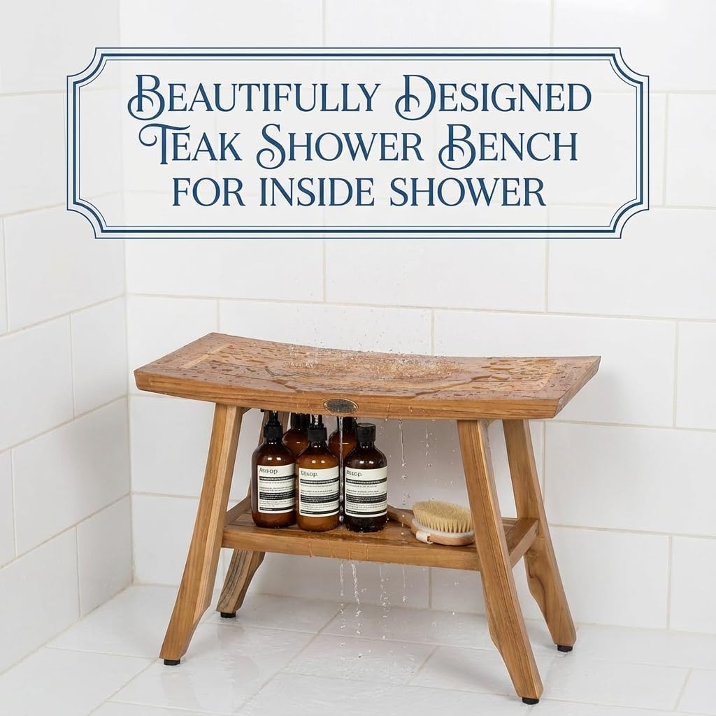 EcoDecors, 24 inch, Brown, Teak Shower Bench, Teak Bench Shower, Teak Shower Bench for Inside Shower, Teak Bathroom Bench, Teak Wood Shower Bench