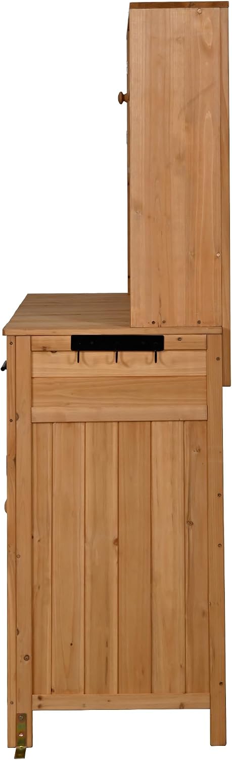 Potting Bench with Hutch, 65' H Solid Fir Wood Garden Workstation, Large Countertop, Patio Kitchen Island with Adjustable Shelves, Spice Rack, Side Hook and Drawer (Natural-P1)