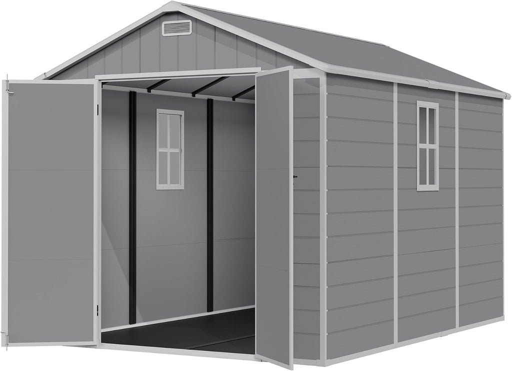 Amopatio 8x10 FT Outdoor Resin Shed,Storage Shed with Floor Included, Plastic Sheds Outdoor Storage for Bike, Garden Tools, Sheds & Outdoor Storage with Lockable Door, Window & Vents, Grey & White